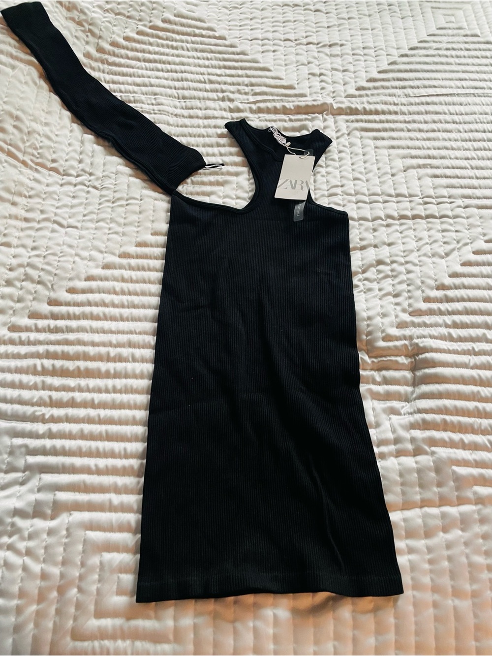 Zara Black Asymmetrical One-Shoulder Ribbed Dress